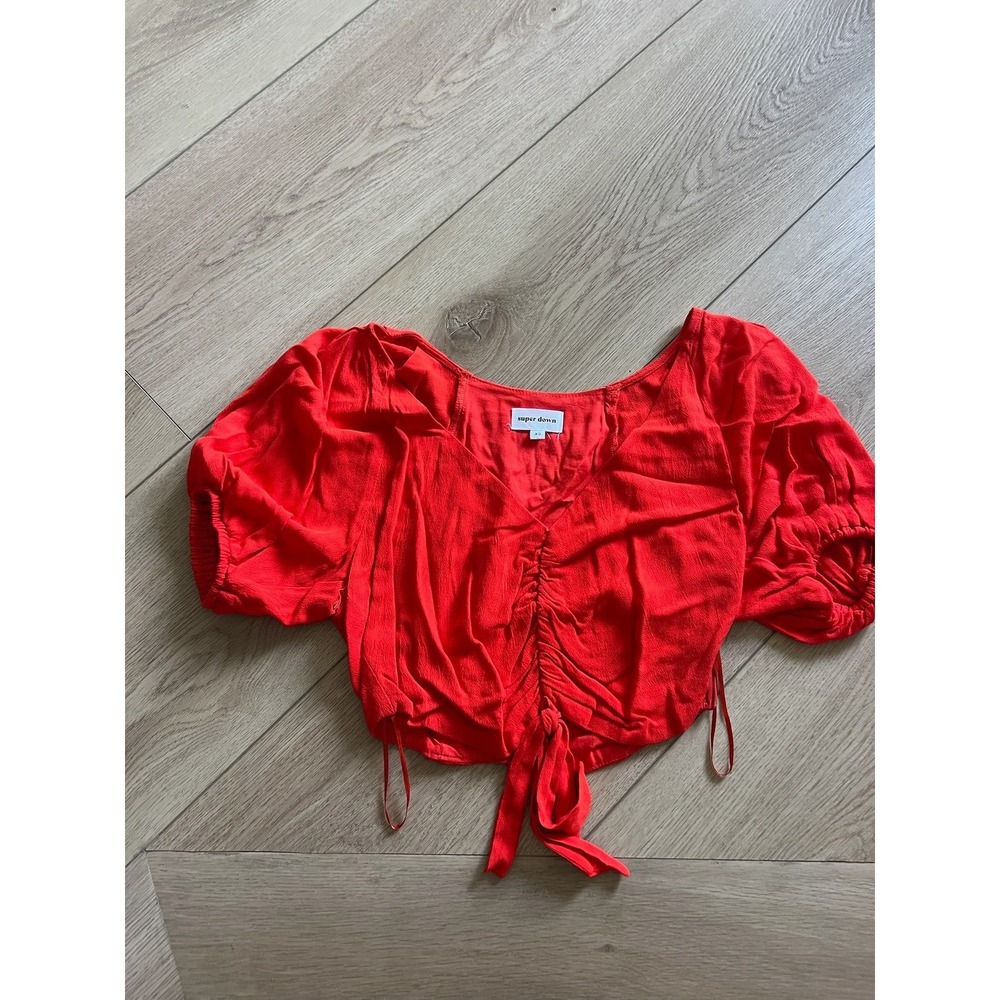 Super down XS Red Tie Front Crop Top Blouse Puff‎ Short Sleeve